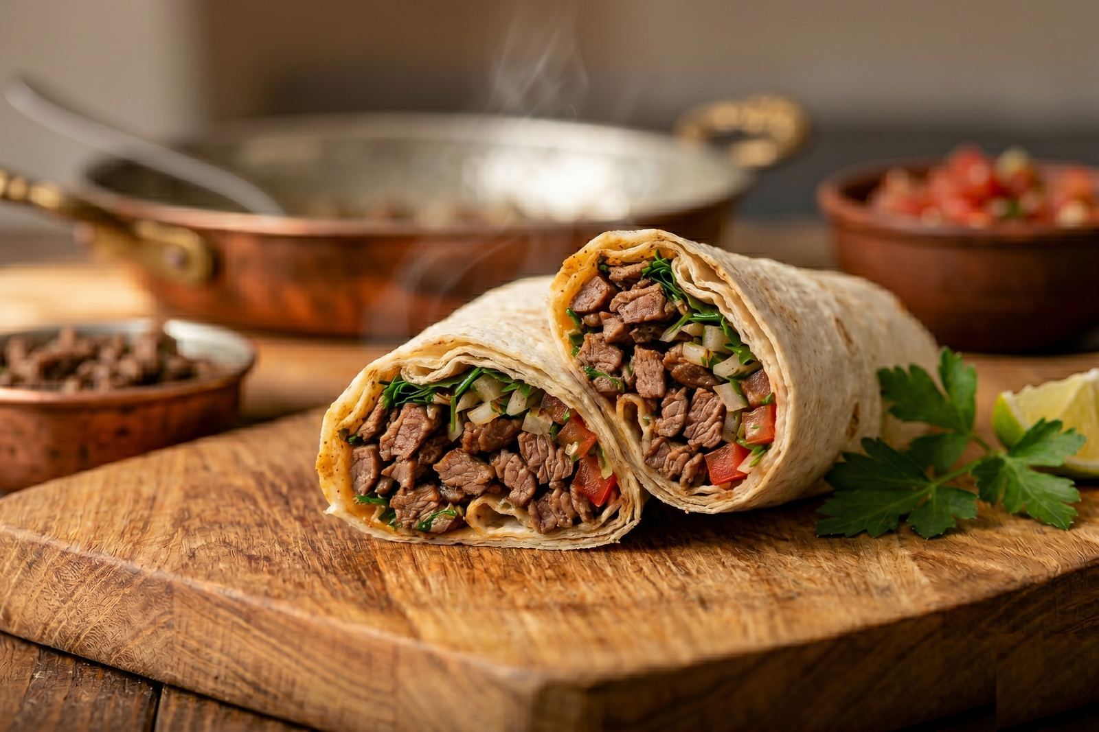 Göçmen Tantuni — sacda közlenmiş biftek tantuni, lavaşa sarılı